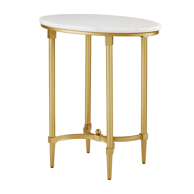 Table d'appoint ovale avec plateau en marbre blanc et base en métal doré, blanc