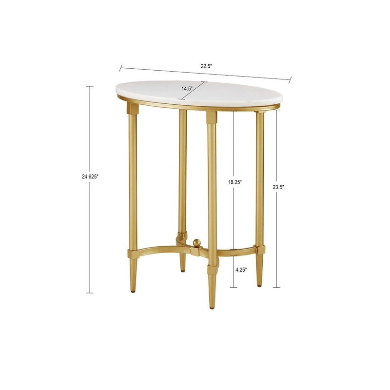 Table d'appoint ovale avec plateau en marbre blanc et base en métal doré, blanc