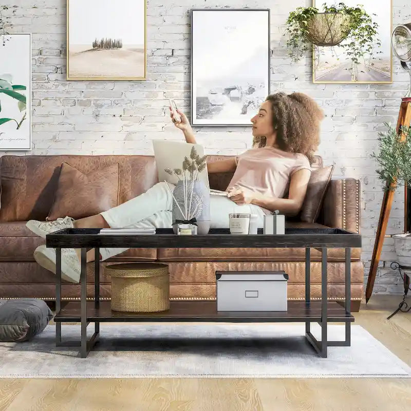 Table basse industrielle rustique de 47" avec 2 étagères et cadre en acier, noir
