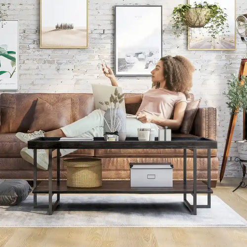 Table basse industrielle rustique de 47" avec 2 étagères et cadre en acier, noir