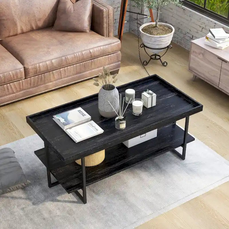 Table basse industrielle rustique de 47" avec 2 étagères et cadre en acier, noir