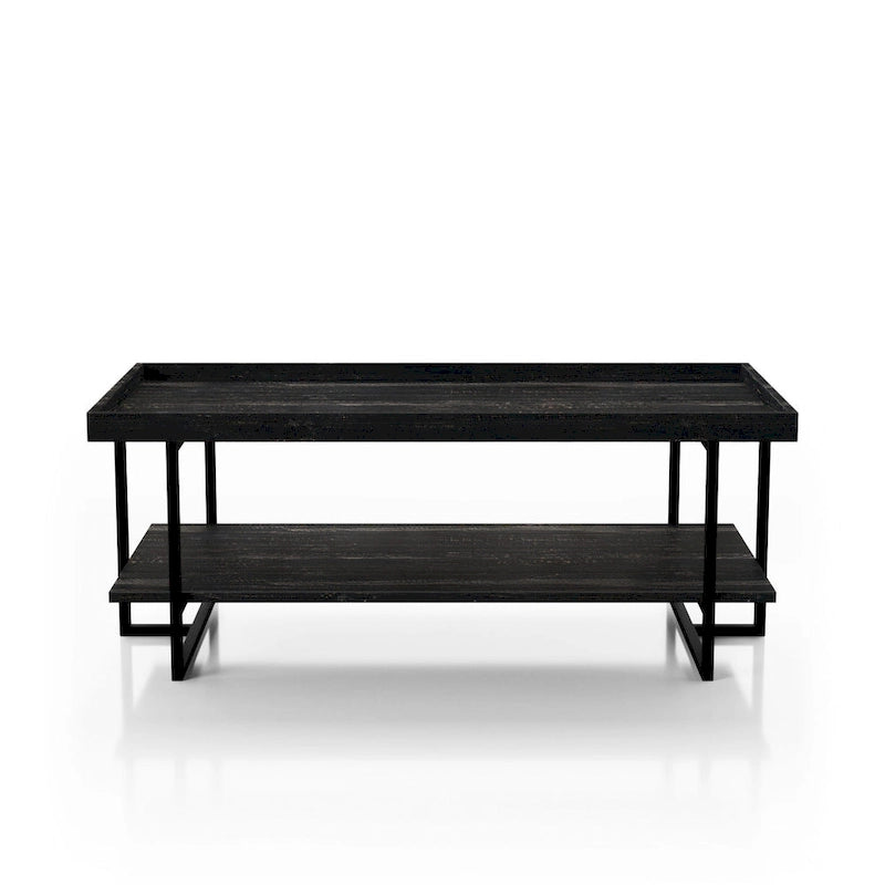 Table basse industrielle rustique de 47" avec 2 étagères et cadre en acier, noir