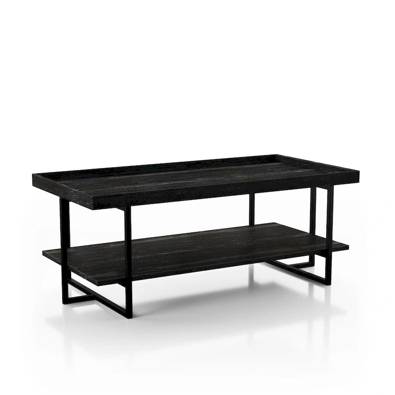 Table basse industrielle rustique de 47" avec 2 étagères et cadre en acier, noir