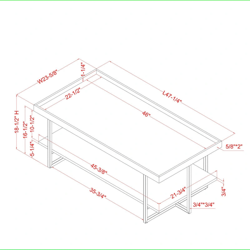 Table basse industrielle rustique de 47" avec 2 étagères et cadre en acier, noir
