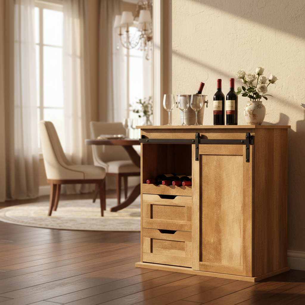 Cave à vin et buffet de ferme avec porte coulissante, 2 tiroirs et casier à vin, Chêne naturel