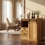 Cave à vin et buffet de ferme avec porte coulissante, 2 tiroirs et casier à vin, Chêne naturel