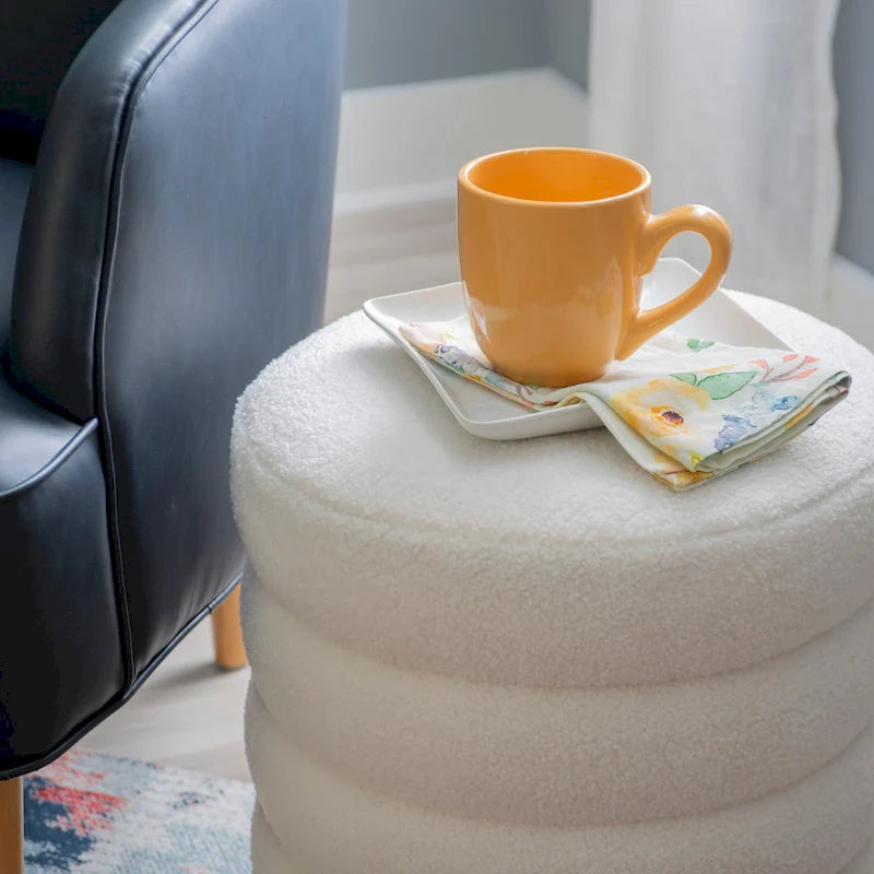 Repose-pieds ottoman rond Sherpa, blanc, simple