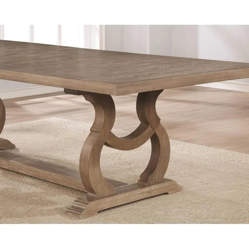 Table de salle à manger extensible en bois massif avec double pied central, brun orge, 6 à 8 places