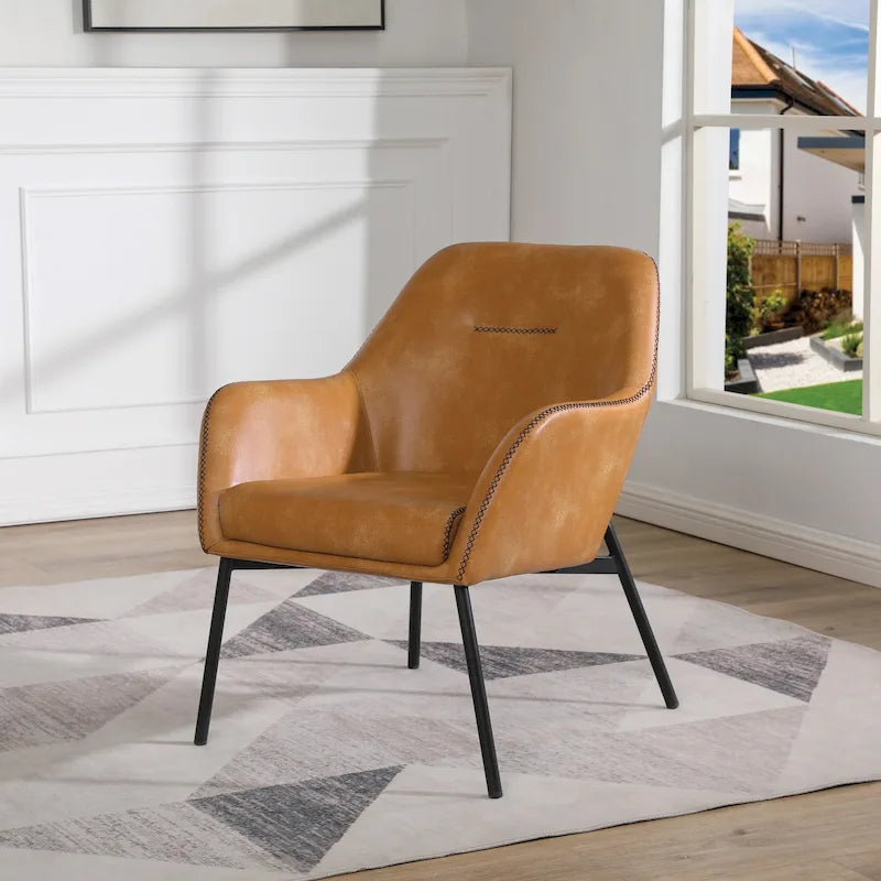 Fauteuil d'appoint Scoop en similicuir avec surpiqûres contrastées et pieds en métal noir, bleu marine / gris / sable, simple
