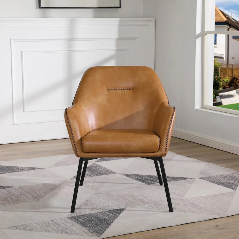 Fauteuil d'appoint Scoop en similicuir avec surpiqûres contrastées et pieds en métal noir, bleu marine / gris / sable, simple
