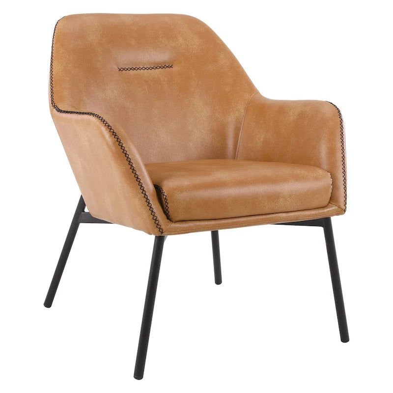 Fauteuil d'appoint Scoop en similicuir avec surpiqûres contrastées et pieds en métal noir, bleu marine / gris / sable, simple