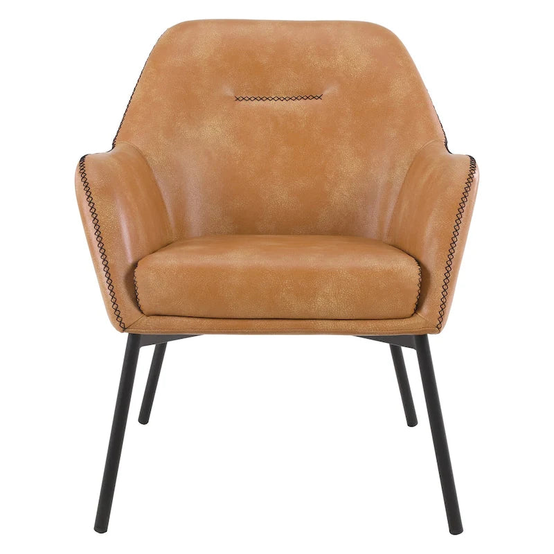Fauteuil d'appoint Scoop en similicuir avec surpiqûres contrastées et pieds en métal noir, bleu marine / gris / sable, simple