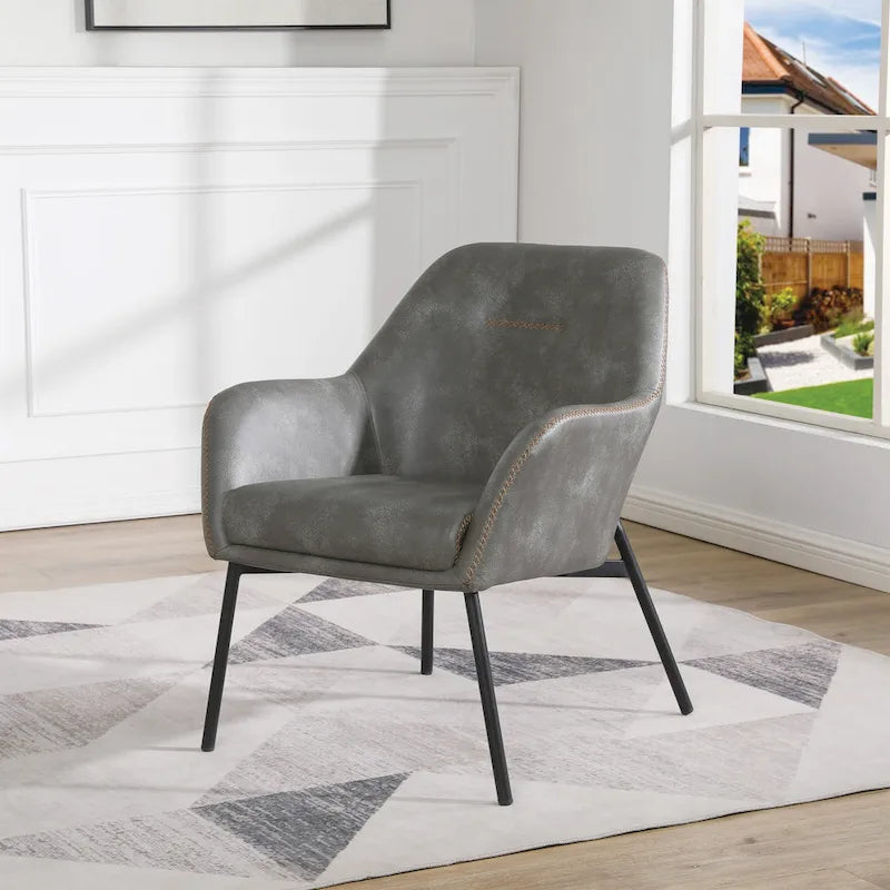 Fauteuil d'appoint Scoop en similicuir avec surpiqûres contrastées et pieds en métal noir, bleu marine / gris / sable, simple