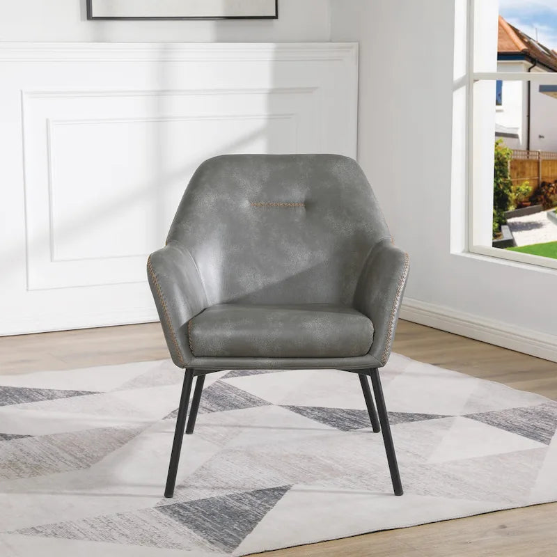 Fauteuil d'appoint Scoop en similicuir avec surpiqûres contrastées et pieds en métal noir, bleu marine / gris / sable, simple