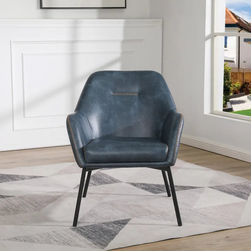 Fauteuil d'appoint Scoop en similicuir avec surpiqûres contrastées et pieds en métal noir, bleu marine / gris / sable, simple