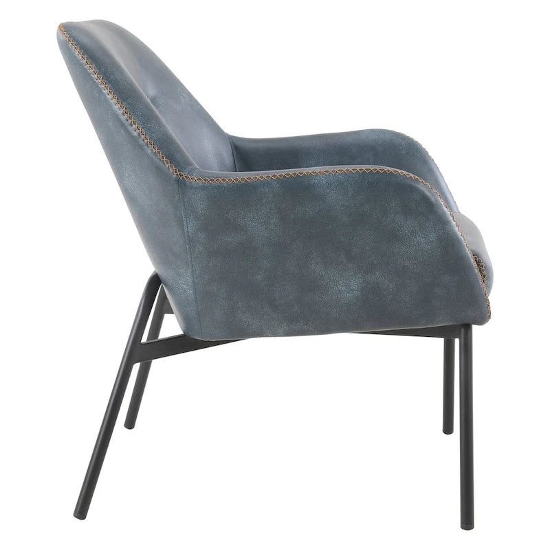Fauteuil d'appoint Scoop en similicuir avec surpiqûres contrastées et pieds en métal noir, bleu marine / gris / sable, simple
