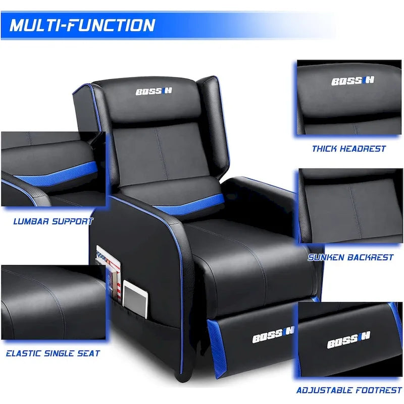 Fauteuil inclinable de jeu en cuir PU avec dossier et repose-pieds réglables, plusieurs couleurs, une place