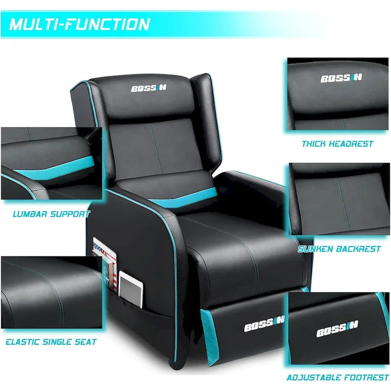 Fauteuil inclinable de jeu en cuir PU avec dossier et repose-pieds réglables, plusieurs couleurs, une place