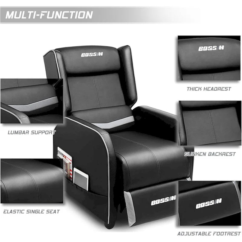 Fauteuil inclinable de jeu en cuir PU avec dossier et repose-pieds réglables, plusieurs couleurs, une place