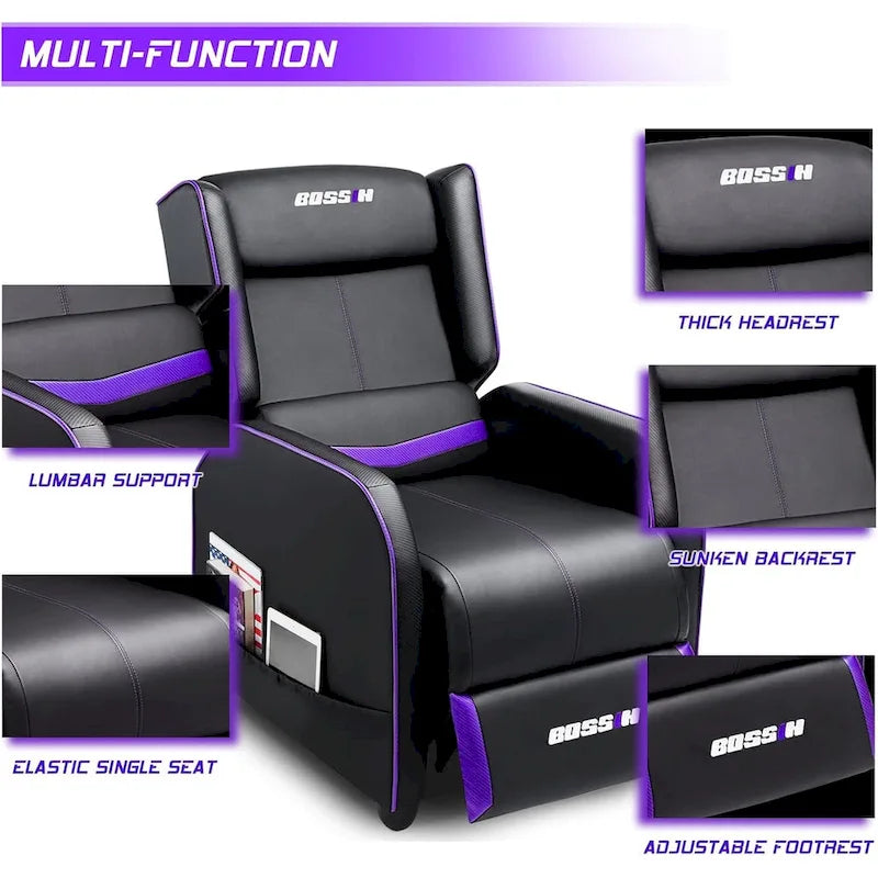 Fauteuil inclinable de jeu en cuir PU avec dossier et repose-pieds réglables, plusieurs couleurs, une place