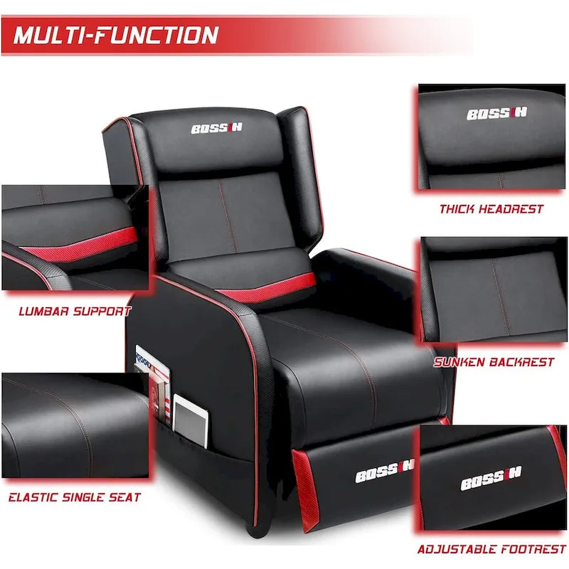 Fauteuil inclinable de jeu en cuir PU avec dossier et repose-pieds réglables, plusieurs couleurs, une place