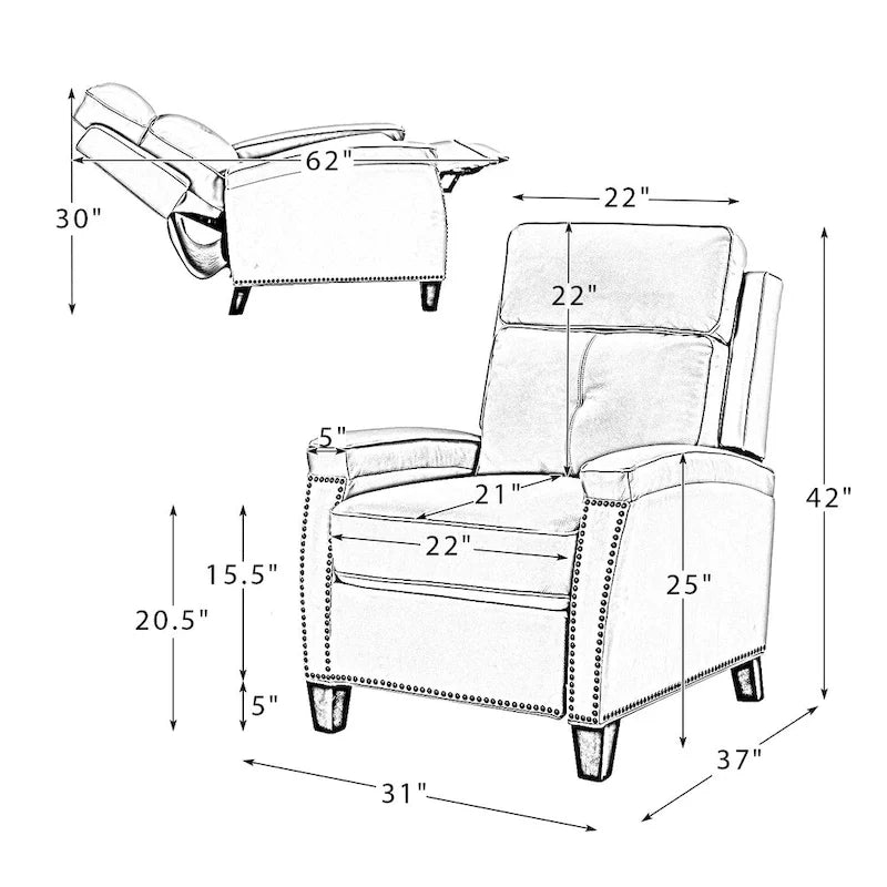 Fauteuil inclinable moderne du milieu du siècle avec clous décoratifs, plusieurs coloris, une seule place