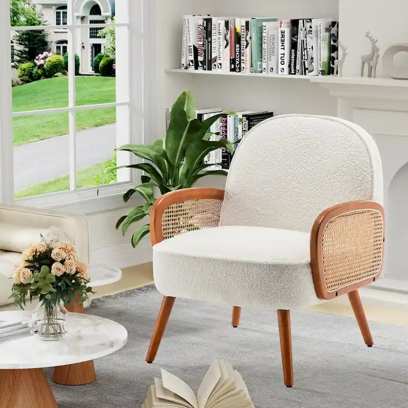 Fauteuil d'appoint Mid-Century Modern avec accoudoirs en rotin naturel, plusieurs coloris, un seul