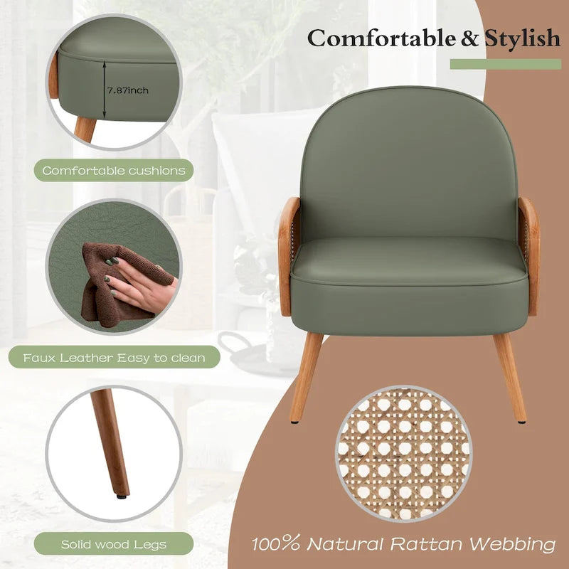 Fauteuil d'appoint Mid-Century Modern avec accoudoirs en rotin naturel, plusieurs coloris, un seul