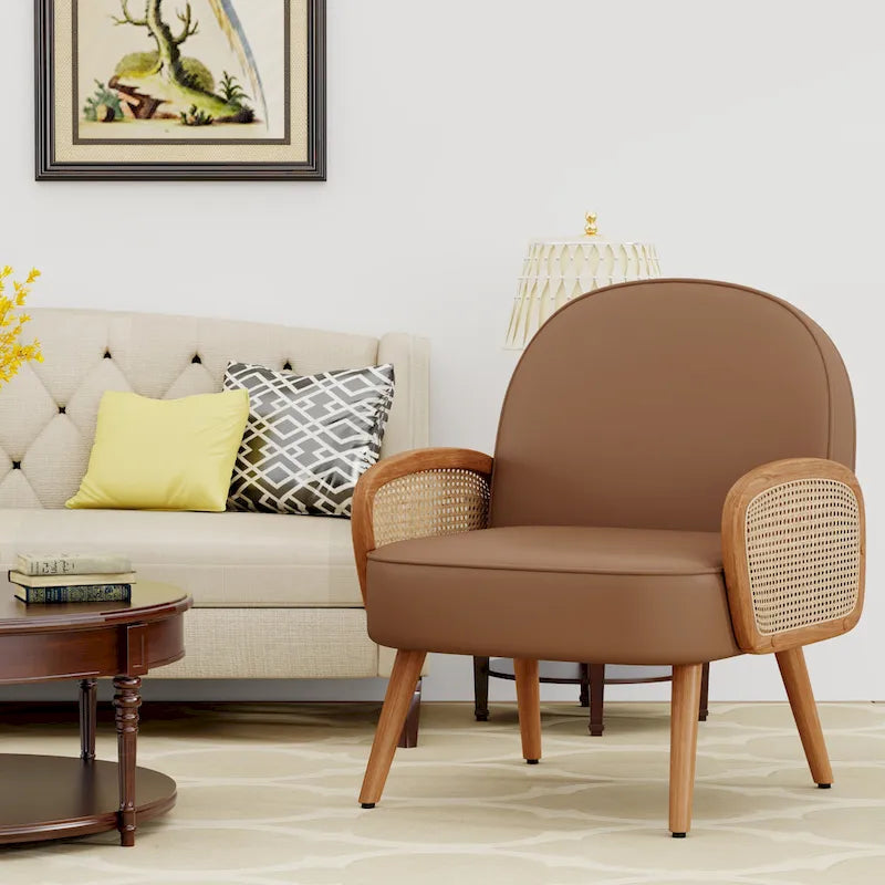 Fauteuil d'appoint Mid-Century Modern avec accoudoirs en rotin naturel, plusieurs coloris, un seul