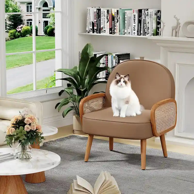 Fauteuil d'appoint Mid-Century Modern avec accoudoirs en rotin naturel, plusieurs coloris, un seul
