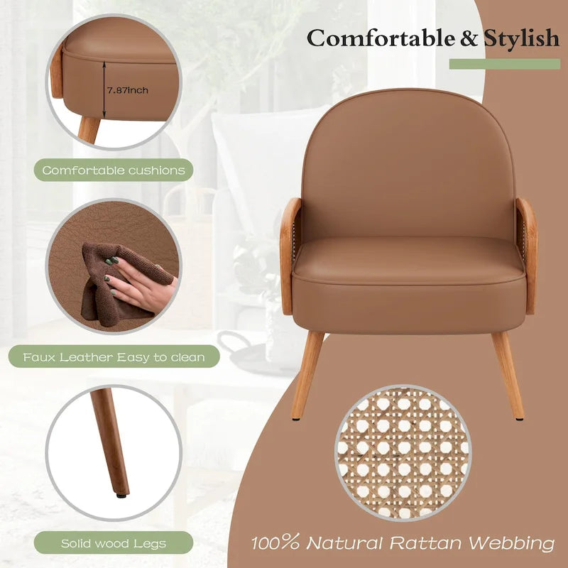 Fauteuil d'appoint Mid-Century Modern avec accoudoirs en rotin naturel, plusieurs coloris, un seul