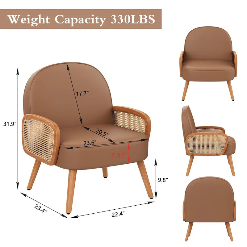 Fauteuil d'appoint Mid-Century Modern avec accoudoirs en rotin naturel, plusieurs coloris, un seul