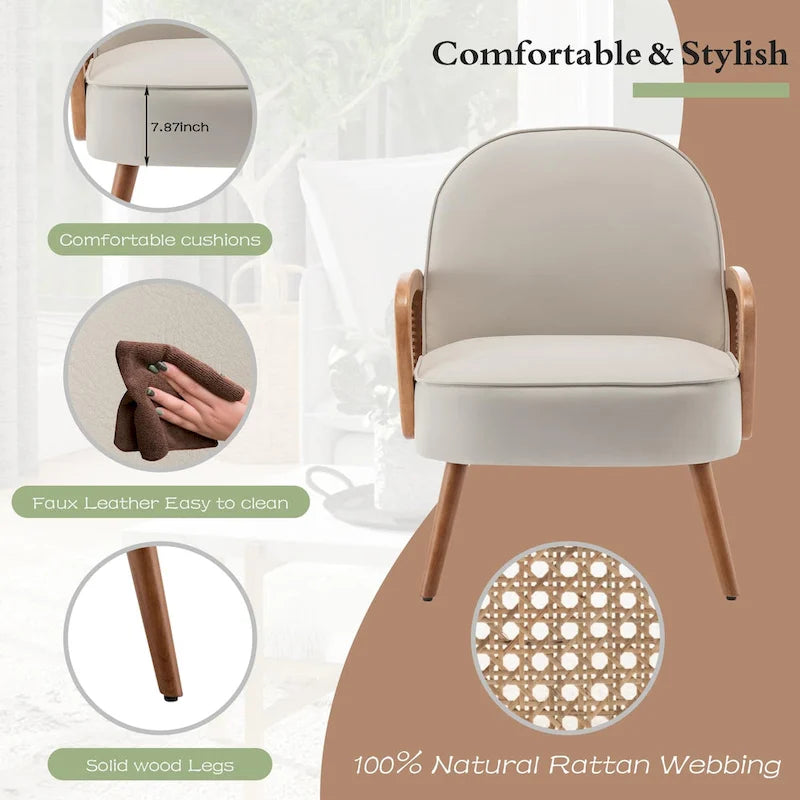 Fauteuil d'appoint Mid-Century Modern avec accoudoirs en rotin naturel, plusieurs coloris, un seul
