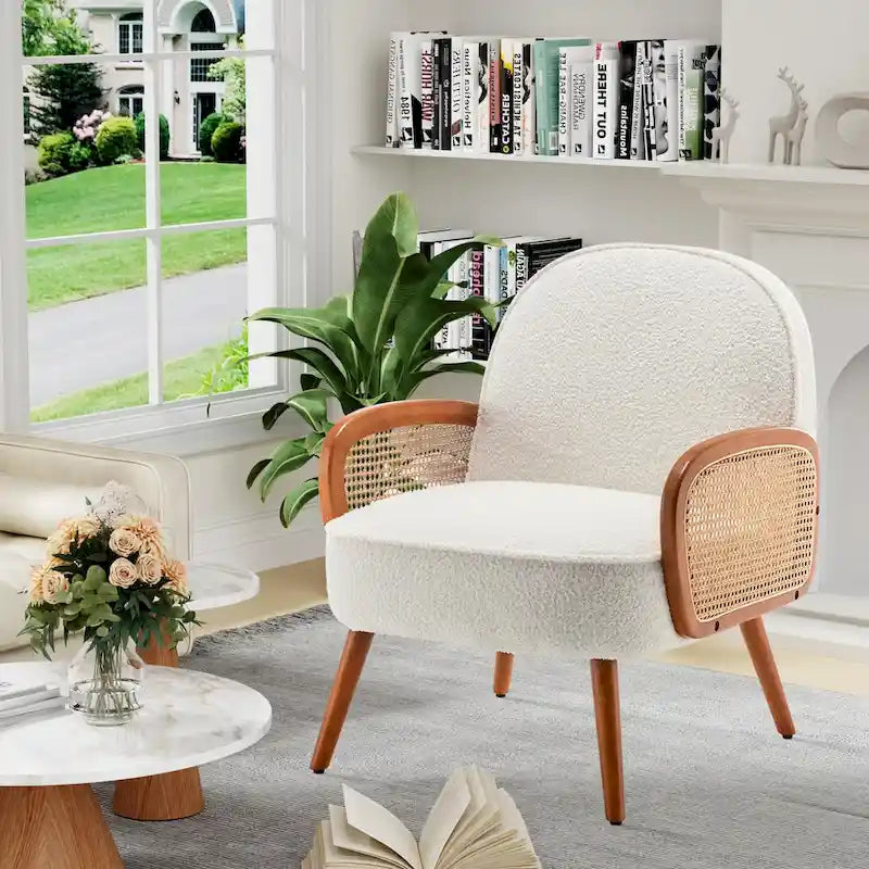 Fauteuil d'appoint Mid-Century Modern avec accoudoirs en rotin naturel, plusieurs coloris, un seul