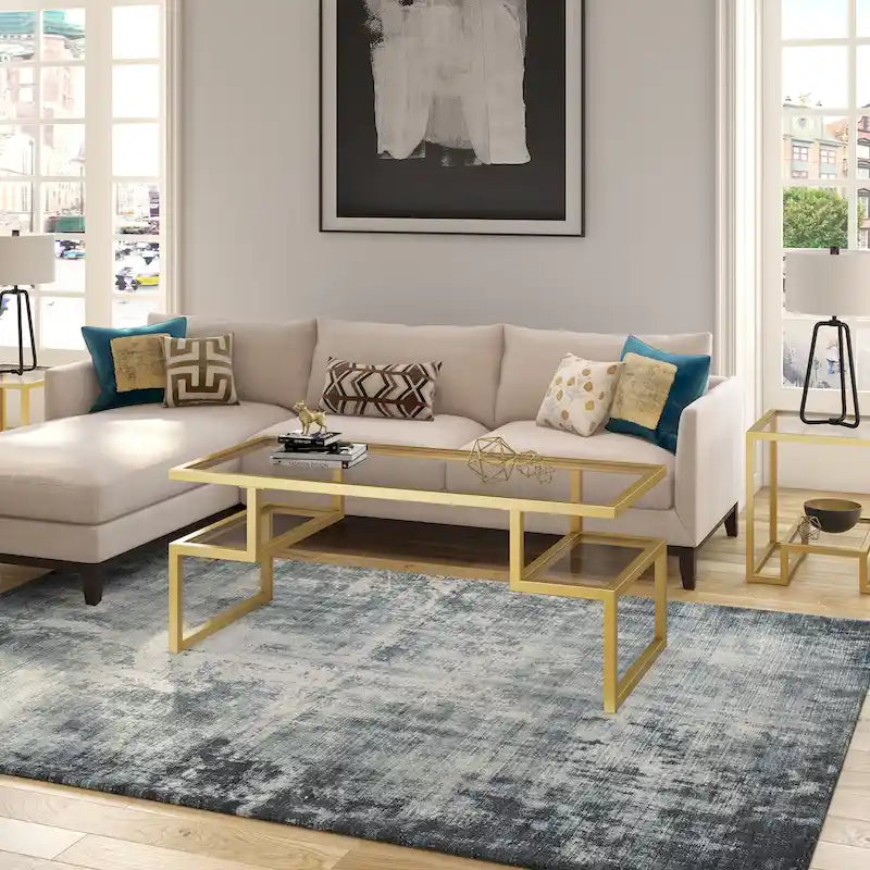Table basse géométrique Art Déco en acier avec plateau en verre trempé, Nickel / Laiton / Bronze noirci