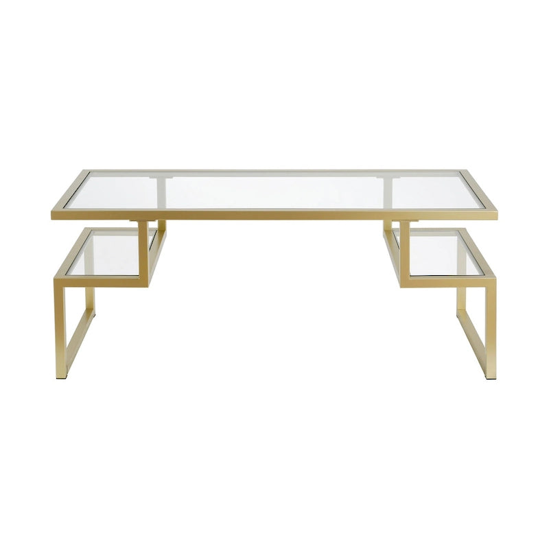 Table basse géométrique Art Déco en acier avec plateau en verre trempé, Nickel / Laiton / Bronze noirci