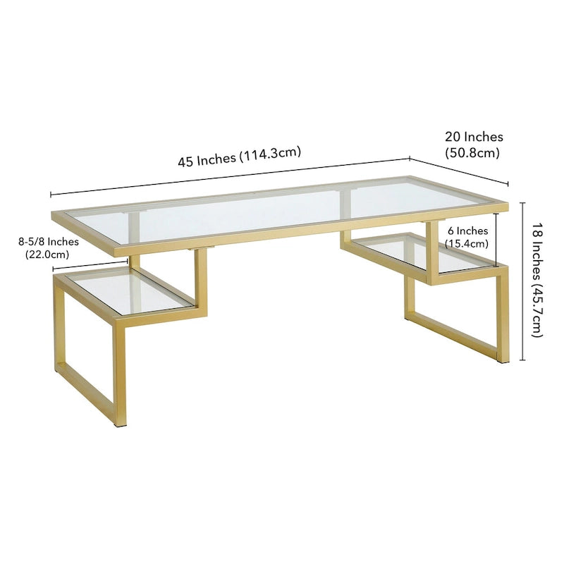 Table basse géométrique Art Déco en acier avec plateau en verre trempé, Nickel / Laiton / Bronze noirci
