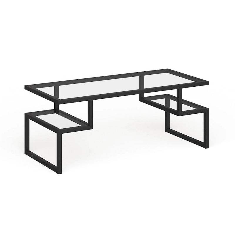 Table basse géométrique Art Déco en acier avec plateau en verre trempé, Nickel / Laiton / Bronze noirci