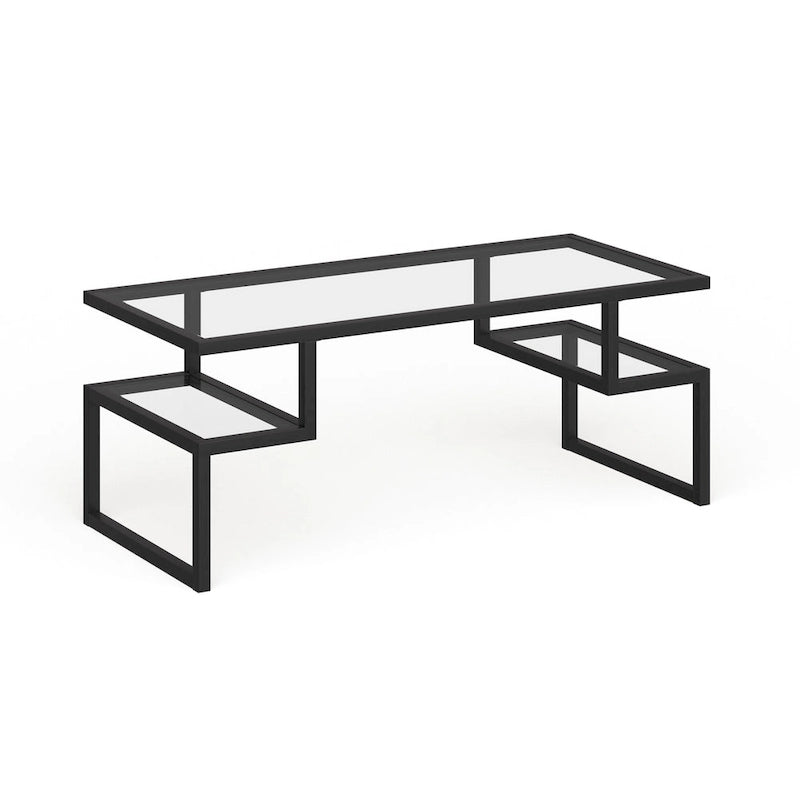 Table basse géométrique Art Déco en acier avec plateau en verre trempé, Nickel / Laiton / Bronze noirci
