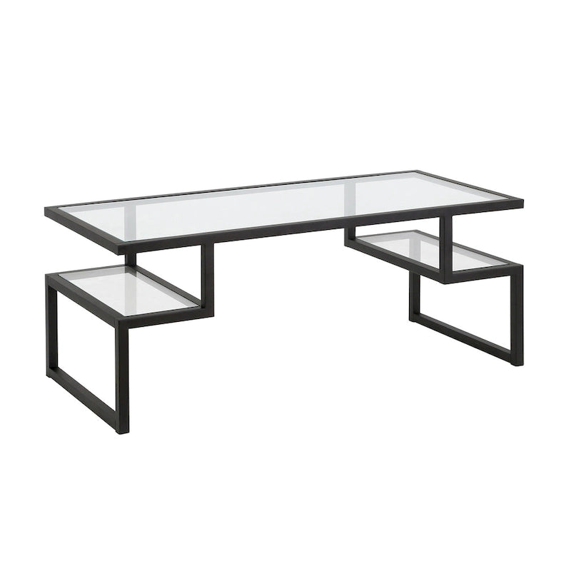 Table basse géométrique Art Déco en acier avec plateau en verre trempé, Nickel / Laiton / Bronze noirci