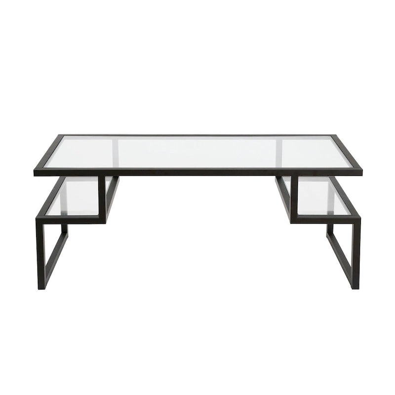 Table basse géométrique Art Déco en acier avec plateau en verre trempé, Nickel / Laiton / Bronze noirci