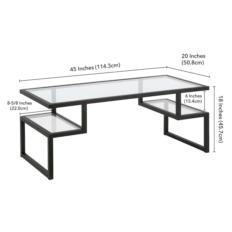 Table basse géométrique Art Déco en acier avec plateau en verre trempé, Nickel / Laiton / Bronze noirci