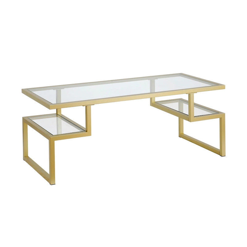 Table basse géométrique Art Déco en acier avec plateau en verre trempé, Nickel / Laiton / Bronze noirci