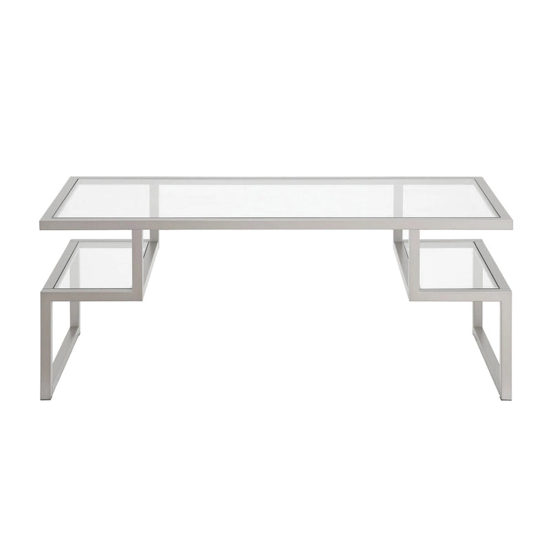 Table basse géométrique Art Déco en acier avec plateau en verre trempé, Nickel / Laiton / Bronze noirci