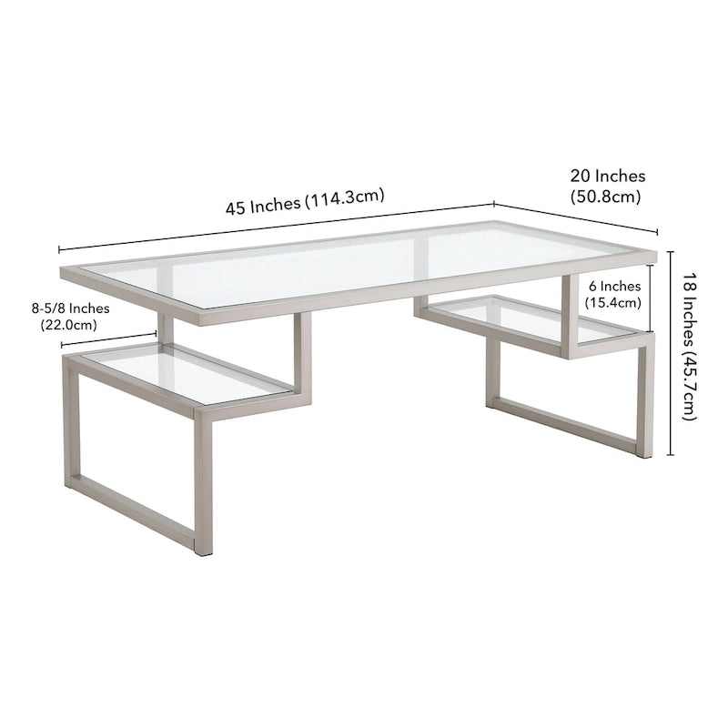Table basse géométrique Art Déco en acier avec plateau en verre trempé, Nickel / Laiton / Bronze noirci