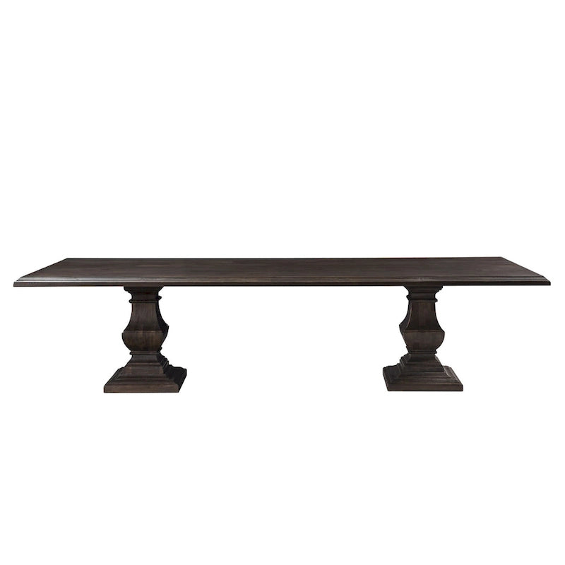 Table à manger rectangulaire en bois de manguier massif avec pied central et bord tombant, marron vieilli, pour 10 à 12 personnes