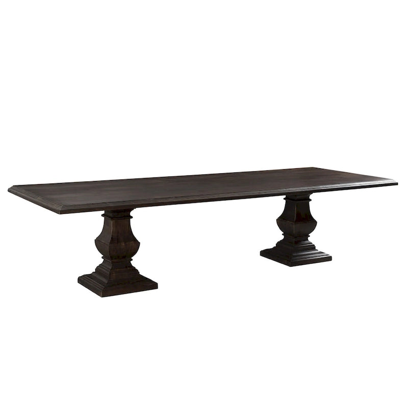 Table à manger rectangulaire en bois de manguier massif avec pied central et bord tombant, marron vieilli, pour 10 à 12 personnes