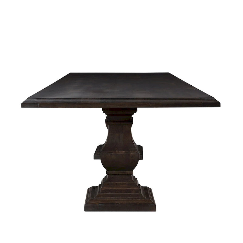 Table à manger rectangulaire en bois de manguier massif avec pied central et bord tombant, marron vieilli, pour 10 à 12 personnes