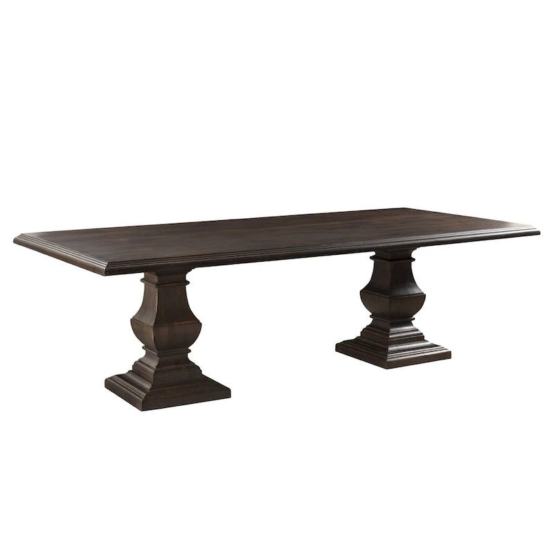 Table à manger rectangulaire en bois de manguier massif avec pied central et bord tombant, marron vieilli, pour 10 à 12 personnes