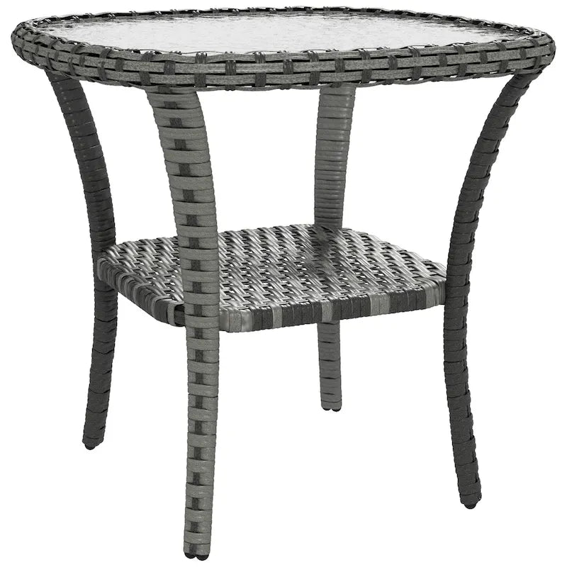 Table basse d'extérieur en rotin avec plateau en verre trempé et étagère de rangement, marron/gris